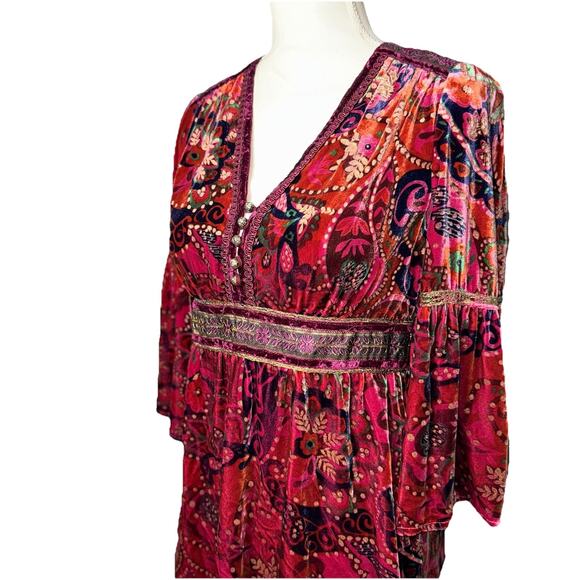 Boho Velvet Babydoll Medium Top Burgundy Gold Trumpet 3/4 Sleeve V-Neck Festival - Picture 2 of 7